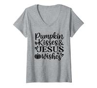 Womens Pumpkin Kisses Jesus Wishes Thanksgiving Pumpkin V-Neck T-Shirt