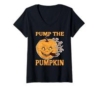 Womens Pumpkin Mischief Carving Face with Evil Grin V-Neck T-Shirt