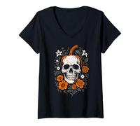Womens Pumpkin Skull Halloween Design Floral Samhain Autumn Art V-Neck T-Shirt