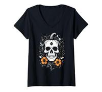 Womens Pumpkin Skull Halloween Design Floral Samhain Autumn Art V-Neck T-Shirt