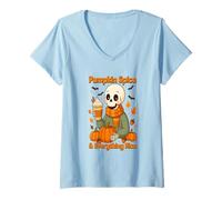 Womens Pumpkin Spice and Everything Nice Cozy Skeleton Autumn Latte V-Neck T-Shirt