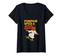 Womens Pumpkin Spice Jesus Christ Fun Womans Christian Religious V-Neck T-Shirt