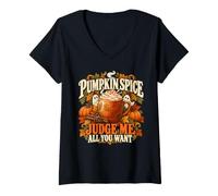 Women's Pumpkin Spice Judge Me Funny Fall Coffee Latte Lover V-Neck T-Shirt