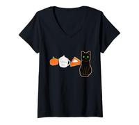 Women's Pumpkin Spice Latte, Pie & Kawaii Black Cat Love Fall PSL V-Neck T-Shirt