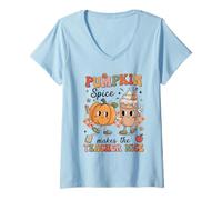 Womens Pumpkin Spice Makes Teacher Nice Fall Thanksgiving Groovy V-Neck T-Shirt