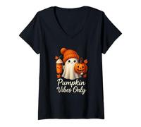 Womens Pumpkin Vibes Only Cute Ghost Latte Fall Halloween Aesthetic V-Neck T-Shirt
