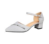 Women's Pumps 2 Inch Chunky Block Heel Sandals Sexy Pointed Toe Ankle Strap Kitten Heels Wedding Party Dress Shoes Summer Korean Fashion Sequin Sandals Silver