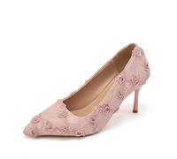 Women's Pumps Romantic Decorated with Floral Lace - Elegant High Heels with 3D Flowers and Pointed Cap | Festive Shoes for Weddings and Special Occasions, Style I03 Pink, 8.5 UK