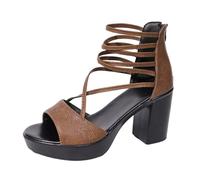 Women's Pumps Sandals Open Toe Front Strap Wide Cross Straps Multiple Around Ankle Back Upper Zipper Platform Block Heel High Dress Shoes for Evening Going Out, 01 Brown, 9 UK