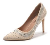 Women's Pumps Sexy Rhinestone High Heels 4 inch Pointed Closed Toe Stiletto Heel Evening Party Wedding Comfortable Dress Shoes, Nude, 2.5 UK