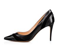 Womens Pumps Slip On High Heels Pointed Closed Toe Pumps Black Patent Leather Stitching PU Dress Shoes for Casual,Black,7.5 UK