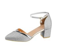 Women's Pumps with Block Heel Glitter Strappy Pumps Elegant Wedding Shoes Ankle Strap Buckle Pumps Closed Toe Cap Party Prom Wedding Stiletto Shoes Heel Sandals, silver, 7 UK