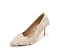 Women's Pumps with Pointed Heel, Lace Cream Sling Pumps, 3D Rose Flowers, Romantic Shoes Flying Over The Entire Surface, High Heels for Weddings, Cocktails, beige, 7 UK