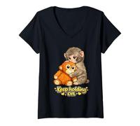 Women's Punch Monkey with Teddy Bear Cuddling Keep Holding On Meme V-Neck T-Shirt