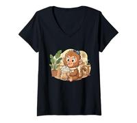 Women's Punch the Monkey Japan Drinking Iced Coffee Cute Kawaii V-Neck T-Shirt