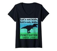 Womens Punctuation Saves Lives Funny Let's eat Kids English Grammar V-Neck T-Shirt