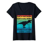 Womens Punctuation Saves Lives Funny Let's eat Kids English Grammar V-Neck T-Shirt
