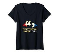 Women's Punctuation Saves Lives Grammar Enthusiast Language Lover V-Neck T-Shirt