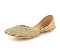 Womens Punjabi Khussa Flats Handmade Ethnic Mojari Slip-On Shoes Textured Finish Traditional Bridal Festive Wedding Party Ladies Gold Shoes Size 5 UK 38 EU