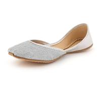 Womens Punjabi Khussa Flats Handmade Ethnic Mojari Slip-On Shoes Textured Finish Traditional Bridal Festive Wedding Party Ladies Silver Shoes Size 5 UK 38 EU
