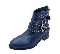 Women's Punk Ankle Boots with Buckle Strap and Studs, Block Heel Western Booties with Chain Detail, Retro Biker Style Boots for Women, Cushioned Insole, Pointed Toe, Textured Outsole