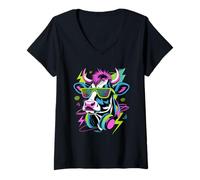 Womens Punk Era Style Cow Sunglasses Cattle V-Neck T-Shirt