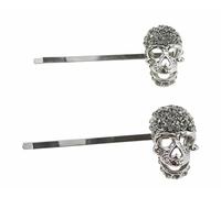Womens Punk Goth Fancy Dress Vintage Look Rhinestone Jeweled Crystal Diamante Party Birthday Accessories Slides Hairpin Hair Clips Grips Bobby Pins Set of 2 Dark Silver Tone Grey Black Skull