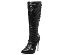 Women's Punk Studded Stiletto High Heel Knee High Boots,Fashion Metal Buckle Pointed Toe Side Zipper Boots,Sexy Party Halloween Christmas Tall Boots,Black,6 UK