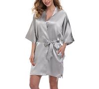 Women's Pure Color Satin Kimono Robe Short Bridesmaids Robe Dressing Gown - White - L-x-L