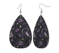 Womens Purple Black Goth Spooky Print Leather Earrings Teardrop Dangle Earrings Jewelry Outfits Accessories