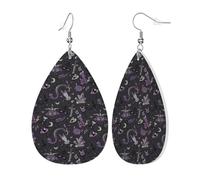 Womens Purple Black Goth Spooky Print Leather Earrings Teardrop Dangle Earrings Jewelry Outfits Accessories