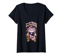 Women's Purple Boss Cat Throne Illustration V-Neck T-Shirt