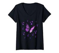 Womens Purple Butterfly with Stars V-Neck T-Shirt