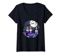 Womens Purple Candle Shirt Moonlit Bats Night Spooky Scene V-Neck T-Shirt