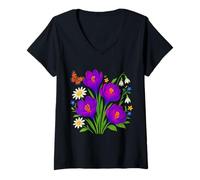 Womens Purple Crocuses Daisies Snowdrops Butterfly Shapes Mania V-Neck T-Shirt