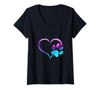 Womens Purple Cyan Dog paw Print Heart Grip on a Black Background V-Neck T-Shirt