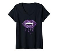 Womens Purple Damask - Vampire Fangs Drip Lips Gothic Halloween V-Neck T-Shirt