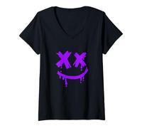 Womens Purple Grunge Face Smile Purple Graphic V-Neck T-Shirt