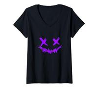 Womens Purple Grunge Face Stitch Smile Purple Graphic V-Neck T-Shirt