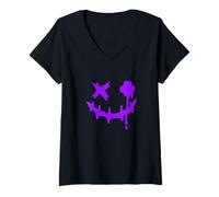 Womens Purple Grunge Smile Blob Eye Purple Graphic V-Neck T-Shirt