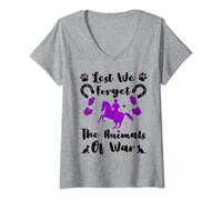 Womens Purple Lest We Forget The Animals Of War Remembrance V-Neck T-Shirt