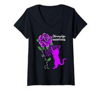 Womens Purple Rose Cat Paws For The Cure Fibromyalgia Awareness V-Neck T-Shirt