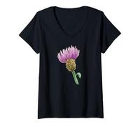 Womens Purple Thistle Watercolor Bloom V-Neck T-Shirt