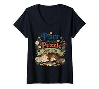 Women's Purr and Puzzle Society Cat Lover V-Neck T-Shirt