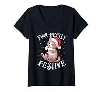 Womens Purr-fectly Festive Cute Cat Christmas V-Neck T-Shirt