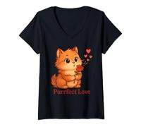 Womens Purrfect Love Cute Kawaii Cat with Rose Kitten Style V-Neck T-Shirt
