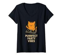 Womens Purrfect Party Vibes DJ Cat Disco Design V-Neck T-Shirt