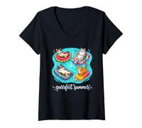 Women's Purrfect Summer Cats Floating Pool Vacation V-Neck T-Shirt