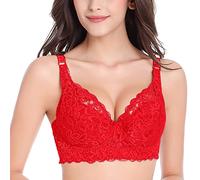 Women's Push Up Bra, V-Neck Classic Bra Adjustable Straps Sexy Lace Breathable Comfortable Bra Thin Straps Casual Solid Color Bra, Red, 28B