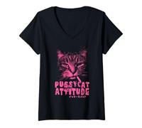 Women's Pussycat Attitude Sarcastic Smoking Cat Humor V-Neck T-Shirt